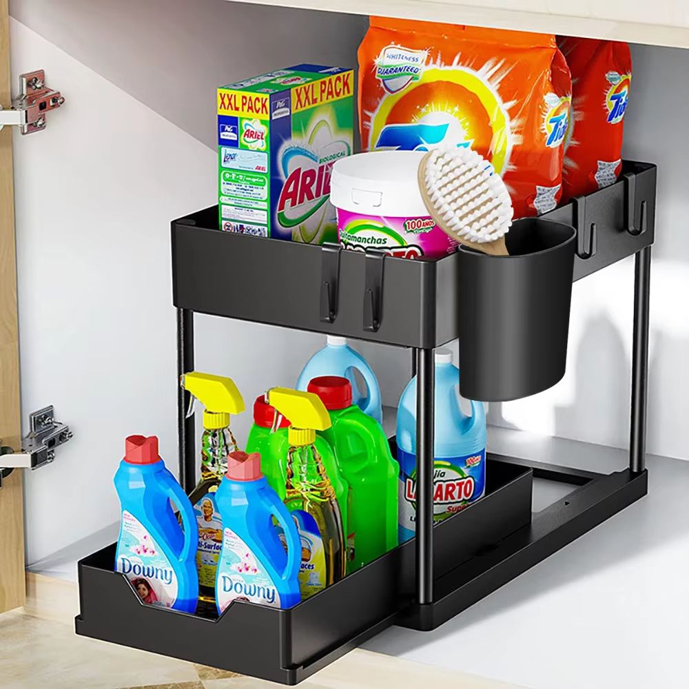 TidyMax 2-Tier Under Sink Organizer – Sliding Cabinet Storage Rack with Hooks & Hanging Cup for Bathroom & Kitchen Organ