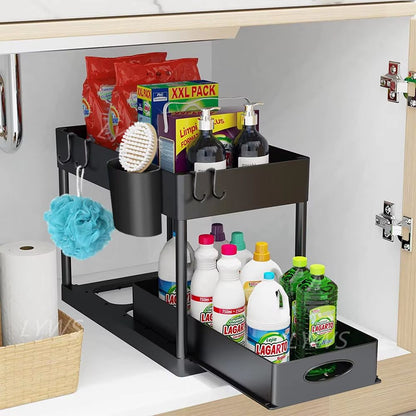 TidyMax 2Tier Under Sink Organizer  Sliding Cabinet Storage Rack With Hooks  Hanging Cup For Bathro 1