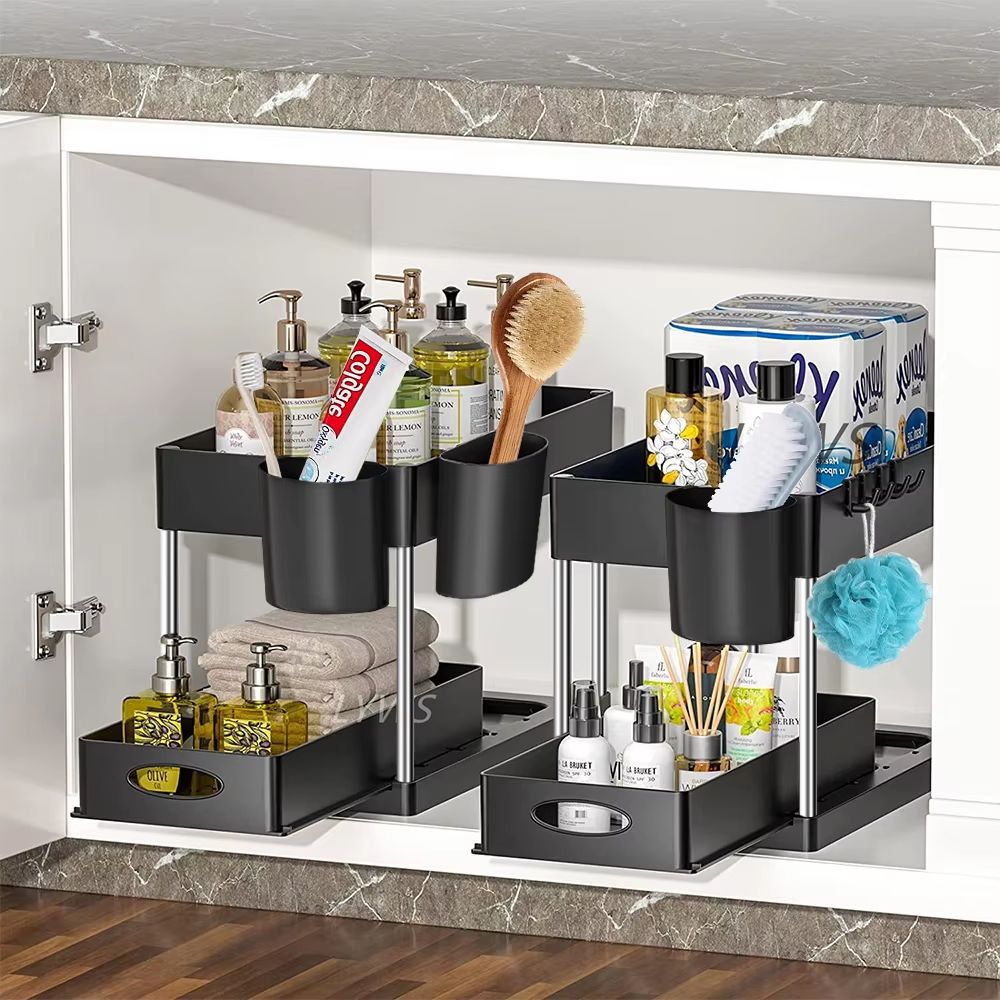 TidyMax 2Tier Under Sink Organizer  Sliding Cabinet Storage Rack With Hooks  Hanging Cup For Bathro 2