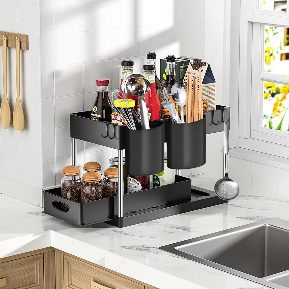 TidyMax 2Tier Under Sink Organizer  Sliding Cabinet Storage Rack With Hooks  Hanging Cup For Bathro 3