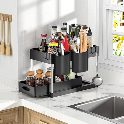 TidyMax 2Tier Under Sink Organizer  Sliding Cabinet Storage Rack With Hooks  Hanging Cup For Bathro 3