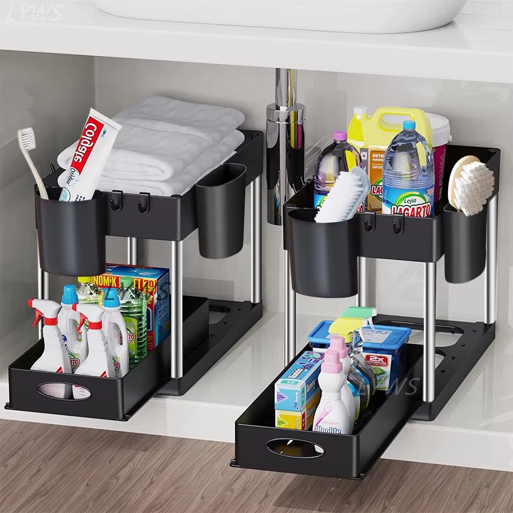 TidyMax 2Tier Under Sink Organizer  Sliding Cabinet Storage Rack With Hooks  Hanging Cup For Bathro 4