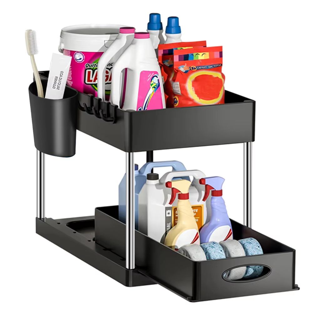 TidyMax 2Tier Under Sink Organizer  Sliding Cabinet Storage Rack With Hooks  Hanging Cup For Bathro 7