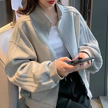 Women's Short Sweatshirt Jacket, Versatile Loose Fit Casual Style, Three Stripe Autumn Winter Jacket