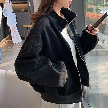 Women's Short Sweatshirt Jacket, Versatile Loose Fit Casual Style, Three Stripe Autumn Winter Jacket