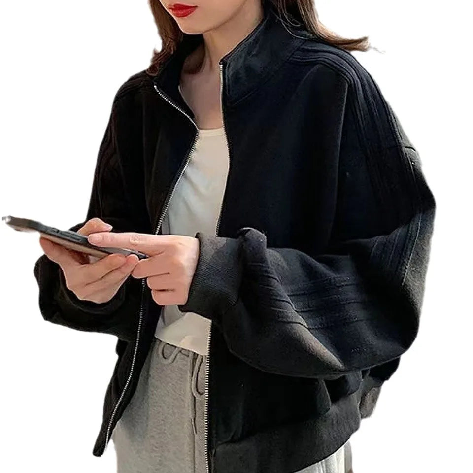 Women's Short Sweatshirt Jacket, Versatile Loose Fit Casual Style, Three Stripe Autumn Winter Jacket