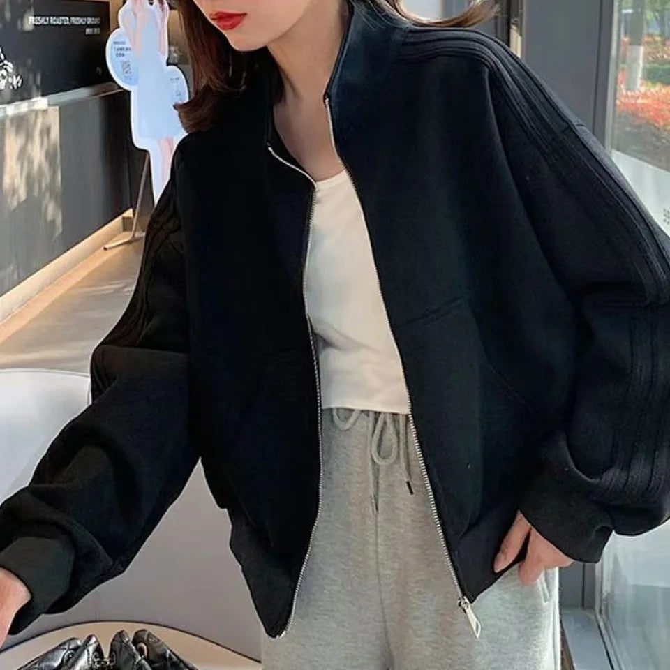 Women's Short Sweatshirt Jacket, Versatile Loose Fit Casual Style, Three Stripe Autumn Winter Jacket