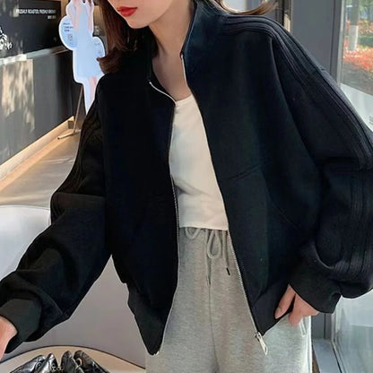 Women's Short Sweatshirt Jacket, Versatile Loose Fit Casual Style, Three Stripe Autumn Winter Jacket