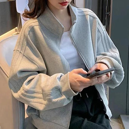 Women's Short Sweatshirt Jacket, Versatile Loose Fit Casual Style, Three Stripe Autumn Winter Jacket