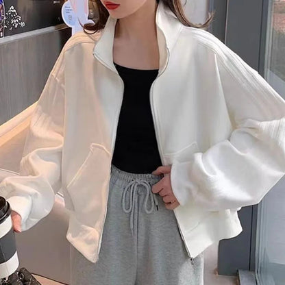 Women's Short Sweatshirt Jacket, Versatile Loose Fit Casual Style, Three Stripe Autumn Winter Jacket