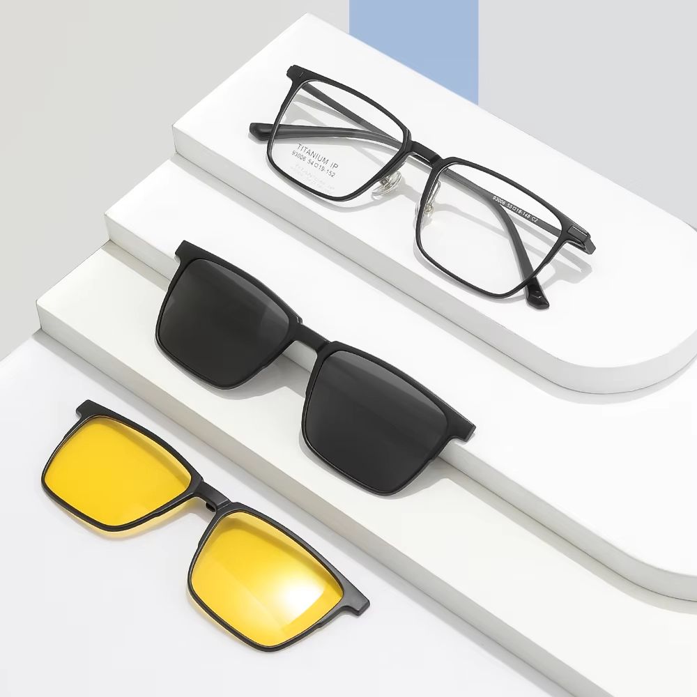 VIZION 3in1 Pure Titanium Glasses Frame  Full Rim Square Eyewear With Polarized ClipOn Sunglasses   1