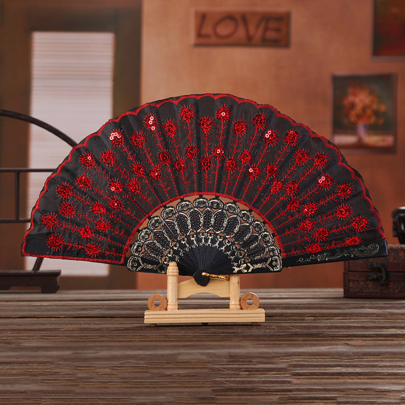 Elegant Sequin Embroidered Fan, Plastic Folding Fan, Handheld Craft Fan for Wedding, Dance, Party