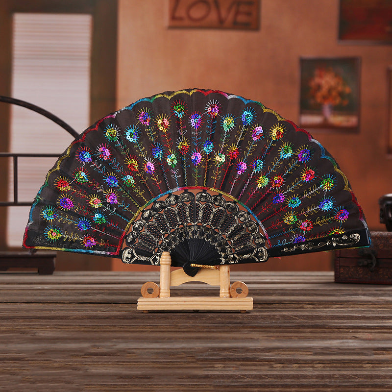 Elegant Sequin Embroidered Fan, Plastic Folding Fan, Handheld Craft Fan for Wedding, Dance, Party