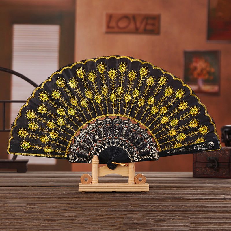 Elegant Sequin Embroidered Fan, Plastic Folding Fan, Handheld Craft Fan for Wedding, Dance, Party