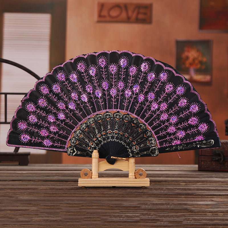 Elegant Sequin Embroidered Fan, Plastic Folding Fan, Handheld Craft Fan for Wedding, Dance, Party
