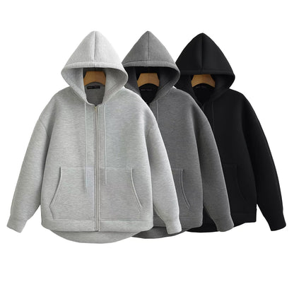 Women's Autumn Gray Jacket, Hooded Long Sleeve Coat, Loose Fit Casual Outerwear with Big Pockets