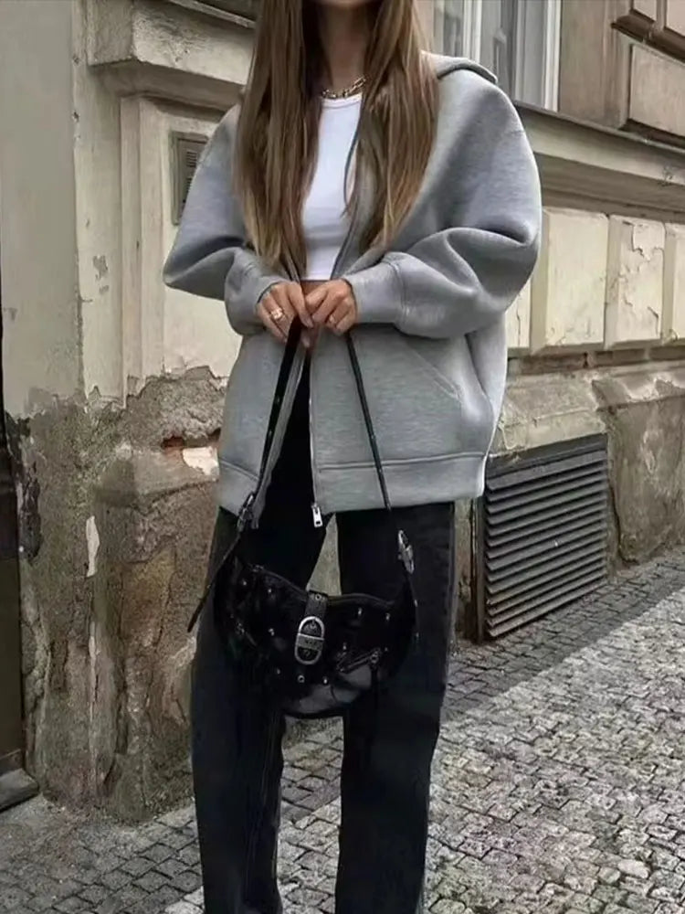 Women's Autumn Gray Jacket, Hooded Long Sleeve Coat, Loose Fit Casual Outerwear with Big Pockets