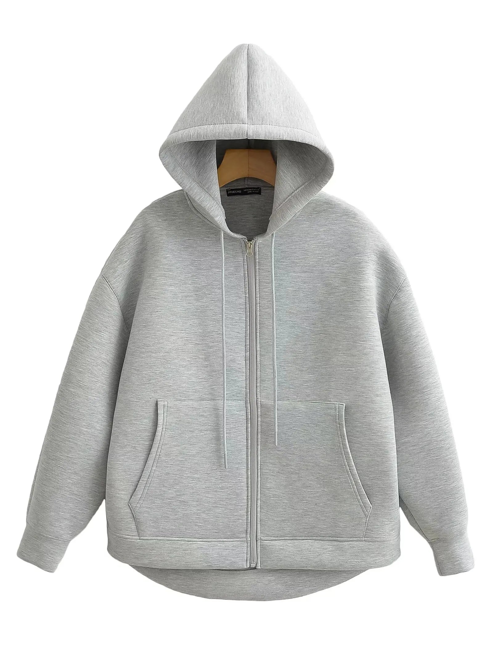Women's Autumn Gray Jacket, Hooded Long Sleeve Coat, Loose Fit Casual Outerwear with Big Pockets
