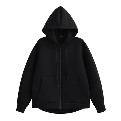 Women's Autumn Gray Jacket, Hooded Long Sleeve Coat, Loose Fit Casual Outerwear with Big Pockets
