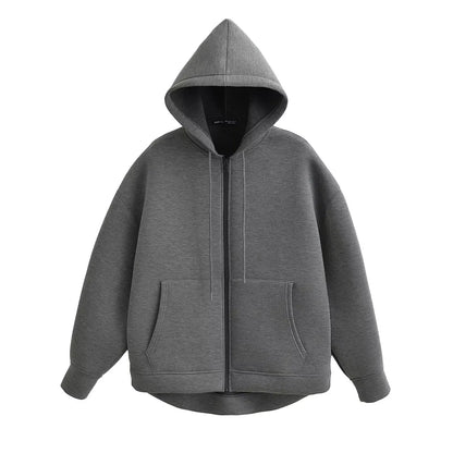 Women's Autumn Gray Jacket, Hooded Long Sleeve Coat, Loose Fit Casual Outerwear with Big Pockets