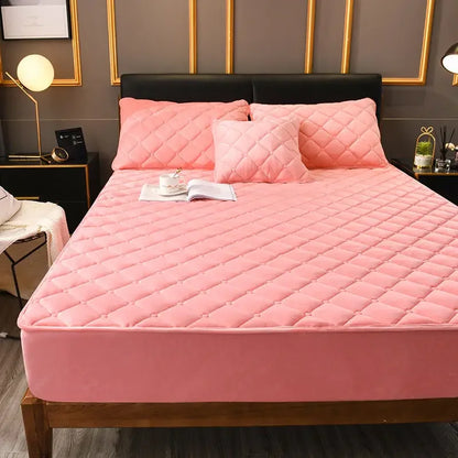 Crystal Velvet Mattress Cover, Thicken Quilted Bed Sheet, Warm Plush Fitted Sheet for Queen King Sizes