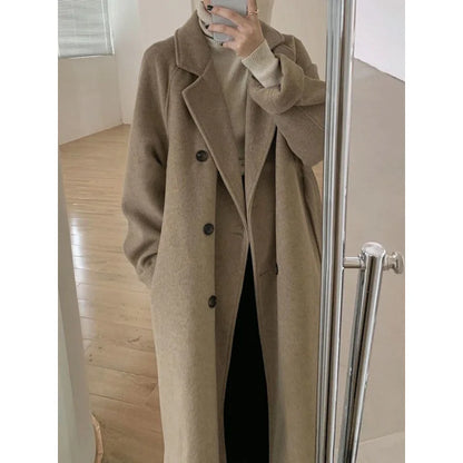Women's Woolen Coat, Hepburn Style, Mid Length, Loose Fit, Thickened Autumn Winter Coat