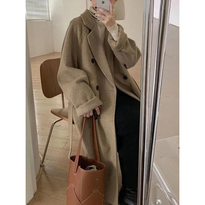 Women's Woolen Coat, Hepburn Style, Mid Length, Loose Fit, Thickened Autumn Winter Coat