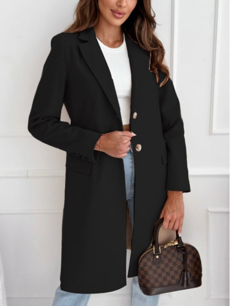 Women's Autumn Winter Coat, Simple Solid Colour, Long Button Tweed, Chic Outerwear
