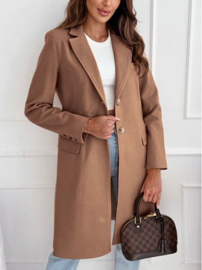 Women's Autumn Winter Coat, Simple Solid Colour, Long Button Tweed, Chic Outerwear