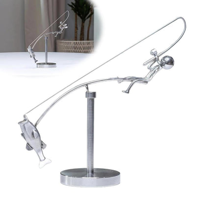Polished Stainless Steel Fisherman, Balancing Sculpture, Desktop Craft Decoration
