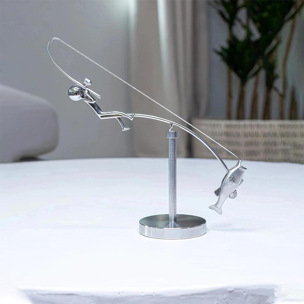 Polished Stainless Steel Fisherman, Balancing Sculpture, Desktop Craft Decoration