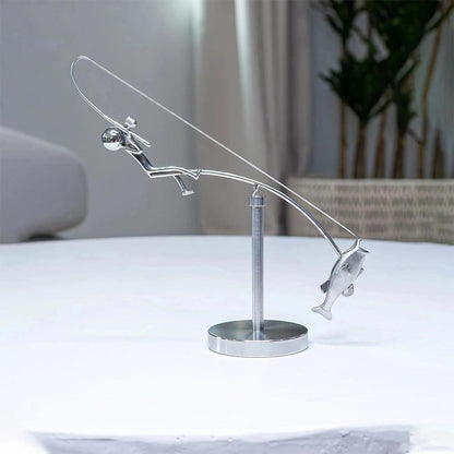 Polished Stainless Steel Fisherman, Balancing Sculpture, Desktop Craft Decoration