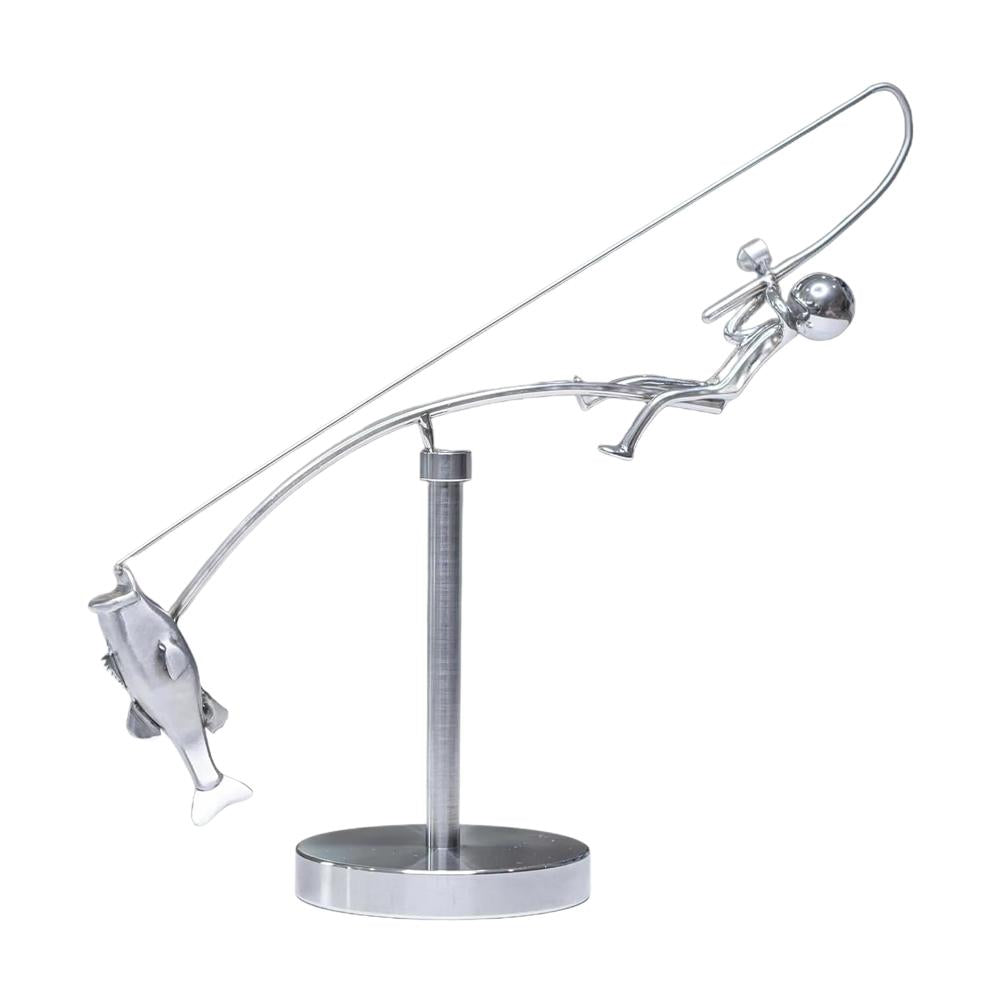 Polished Stainless Steel Fisherman, Balancing Sculpture, Desktop Craft Decoration