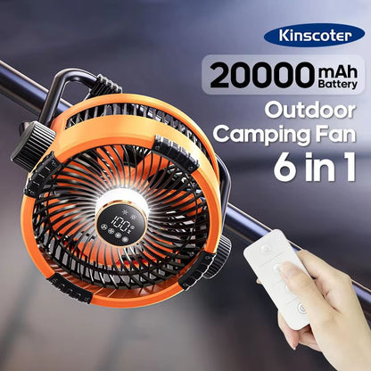 BreezePro 6-in-1 Rechargeable Camping Fan with LED Light & Power Bank – 20000mAh Outdoor Ceiling Fan with 4-Speed Air Ci