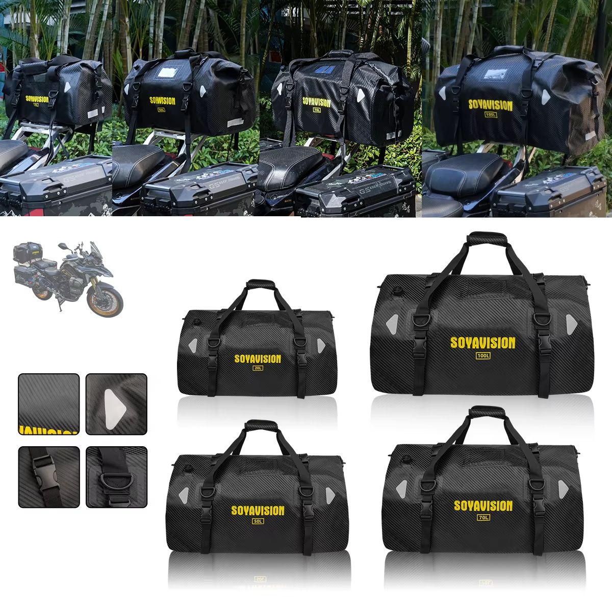 MotoTrek Waterproof Motorcycle Rear Seat Bag  20L100L Expandable Travel Tail Bag  Helmet Storage Fo 2