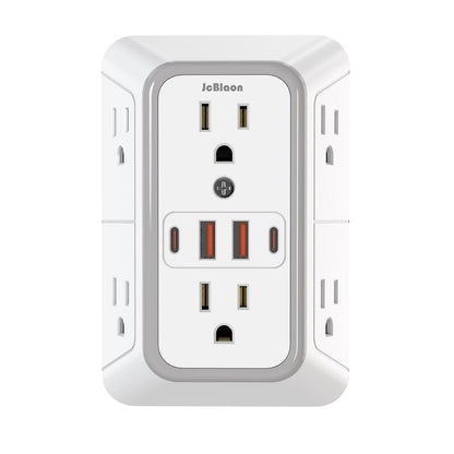 US Multi Socket Wall Plug with 6 AC Outlets and 4 USB Ports Including 2 Type C Fast Charging Power Strip