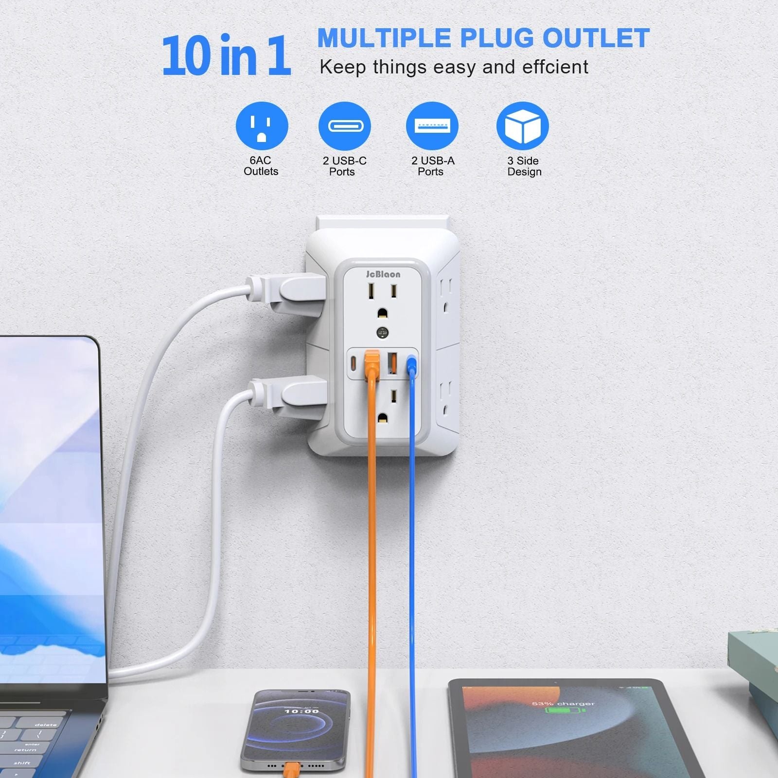 US Multi Socket Wall Plug With 6 AC Outlets And 4 USB Ports Including 2 Type C Fast Charging Power  1