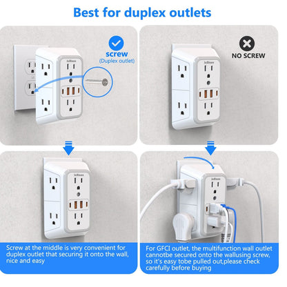 US Multi Socket Wall Plug With 6 AC Outlets And 4 USB Ports Including 2 Type C Fast Charging Power  4