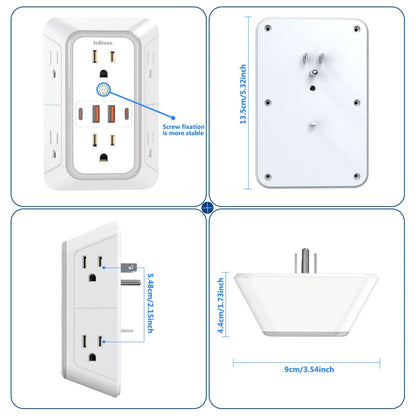 US Multi Socket Wall Plug With 6 AC Outlets And 4 USB Ports Including 2 Type C Fast Charging Power  5