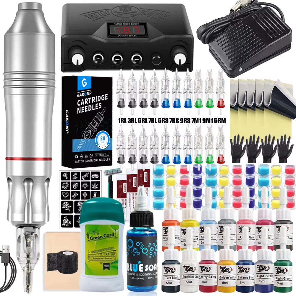 Professional Rotary Tattoo Machine Kit  Complete Tattoo Pen Set With Power Supply  Needles 10