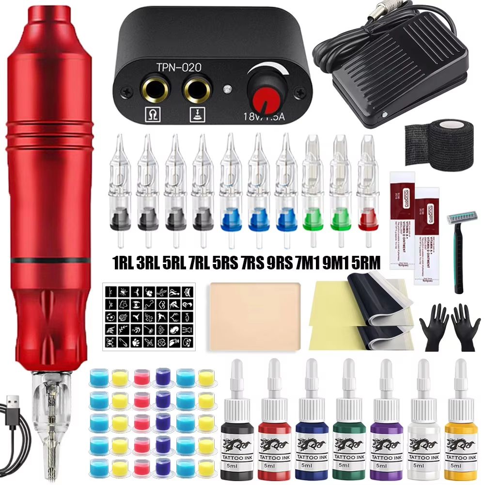 Professional Rotary Tattoo Machine Kit  Complete Tattoo Pen Set With Power Supply  Needles 12