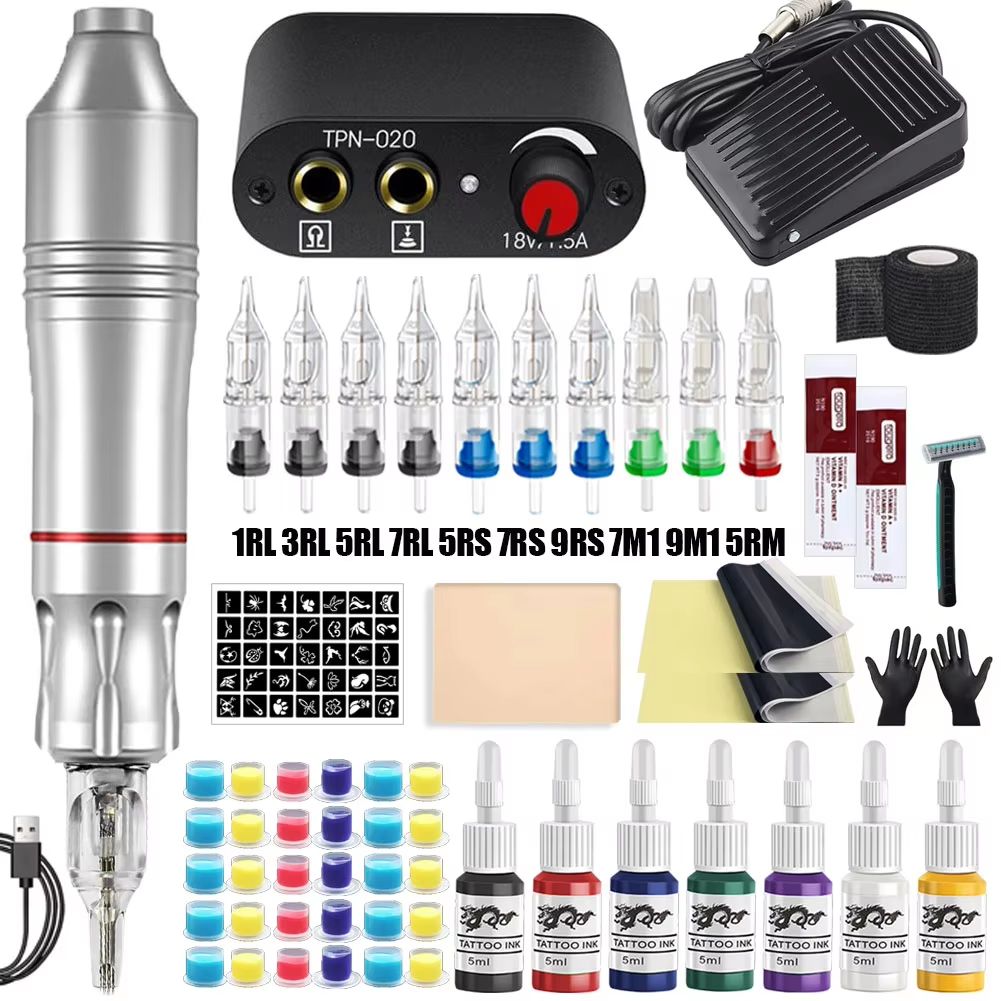 Professional Rotary Tattoo Machine Kit  Complete Tattoo Pen Set With Power Supply  Needles 14