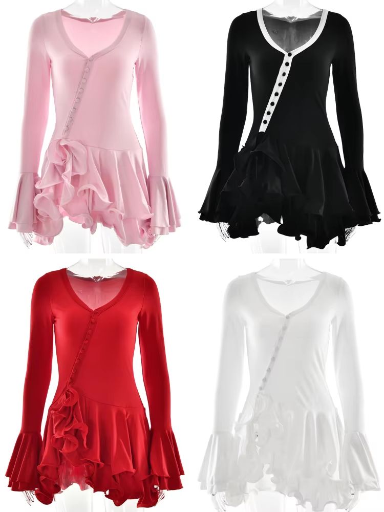 Absobe Womens ALine Bodycon Mini Dress  Ruffle Hem VNeck Long Sleeve Streetwear Party Dress 5