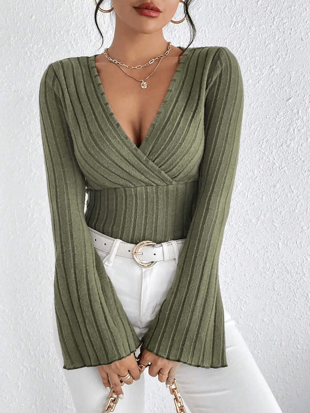 VelviFit Ribbed Knit V Neck Long Sleeve Top for Women