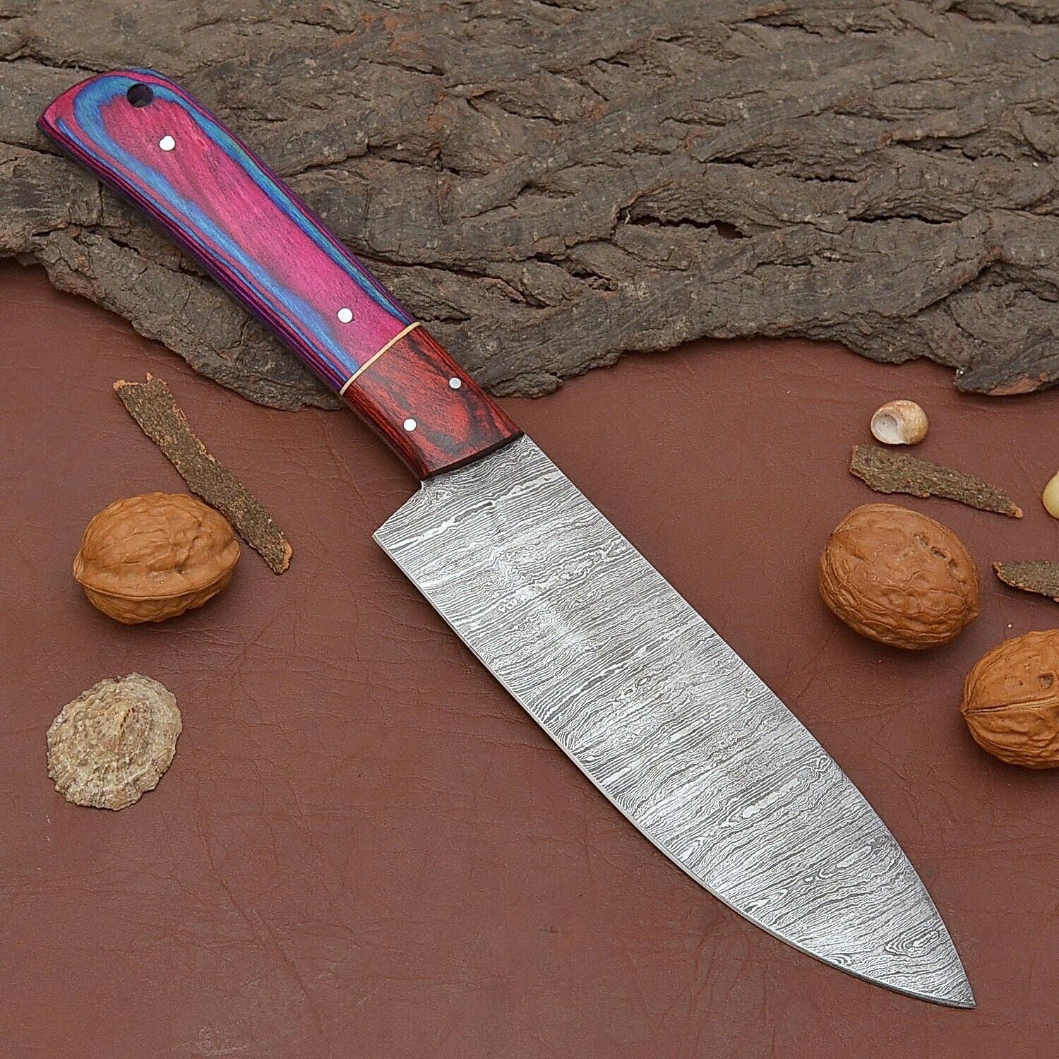 Custom Handmade Damascus Steel Chef Fillet Knife With Pakka Wood Handle And Leather Sheath 2