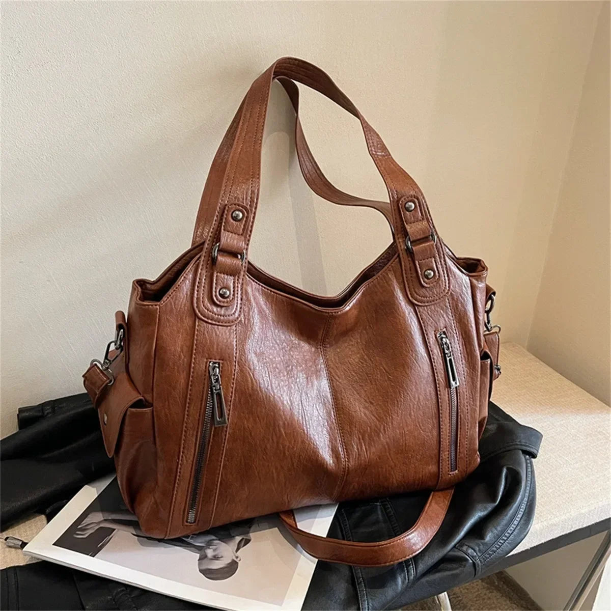 High Quality Contrasting Colors, Soft Interior, Women's Handbags, Fashion Zipper Compartment Shoulder Bags
