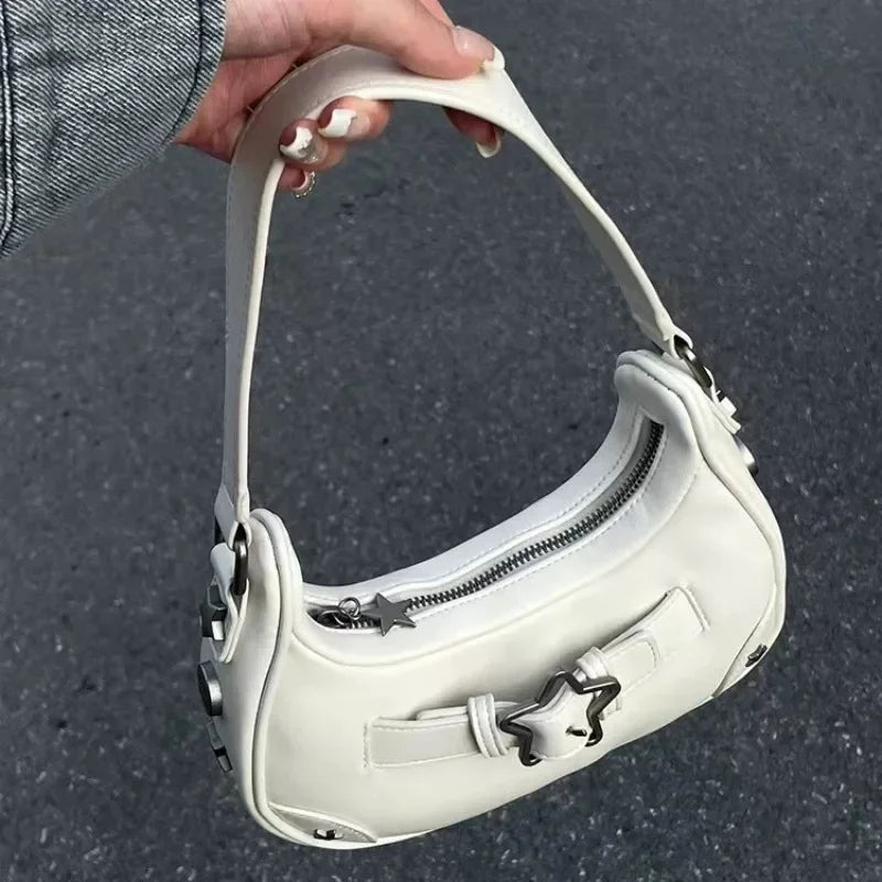 Casual Cute White, Vintage Korean, Star Shoulder Underarm, Ladies Tote Bag, Leather Zip Sling Handbag, Purses Women