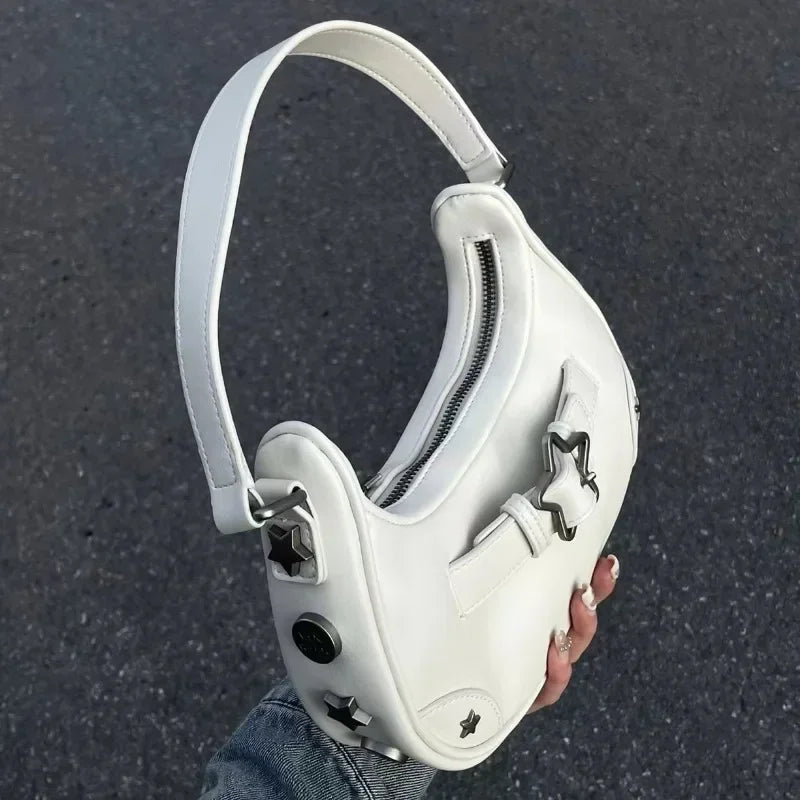Casual Cute White, Vintage Korean, Star Shoulder Underarm, Ladies Tote Bag, Leather Zip Sling Handbag, Purses Women