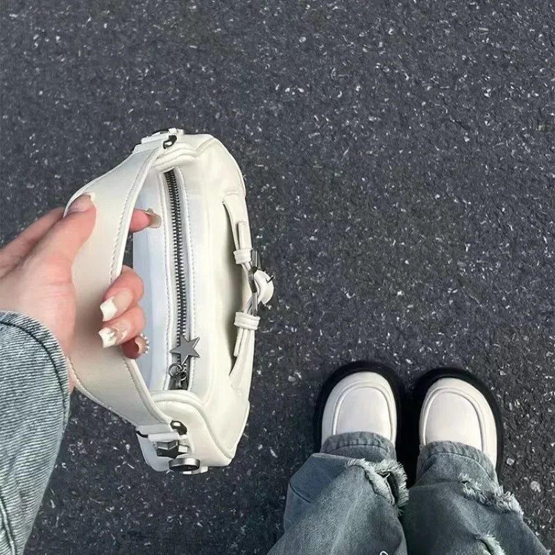 Casual Cute White, Vintage Korean, Star Shoulder Underarm, Ladies Tote Bag, Leather Zip Sling Handbag, Purses Women