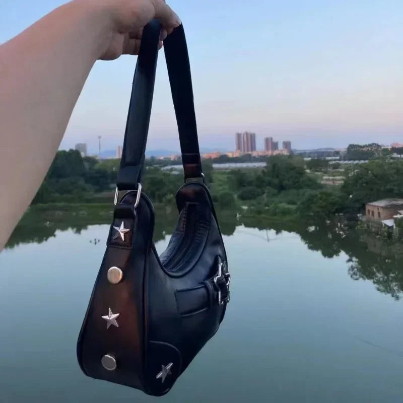 Casual Cute White, Vintage Korean, Star Shoulder Underarm, Ladies Tote Bag, Leather Zip Sling Handbag, Purses Women